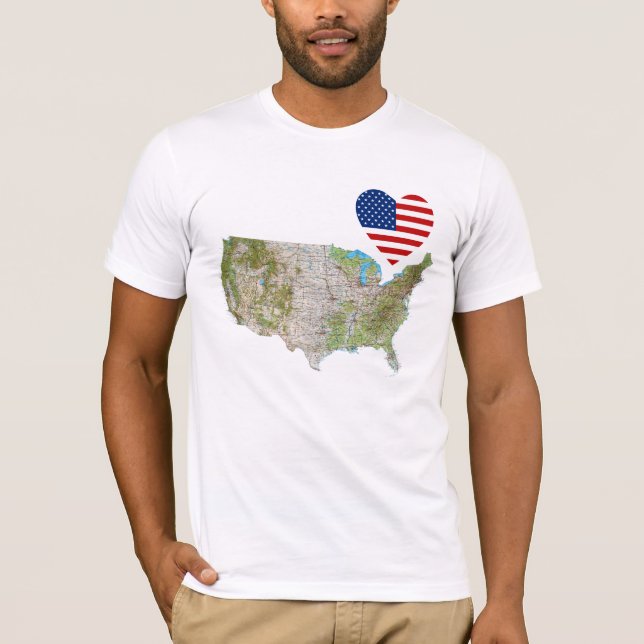 Coração da bandeira dos EUA e t-shirt do mapa (Frente)