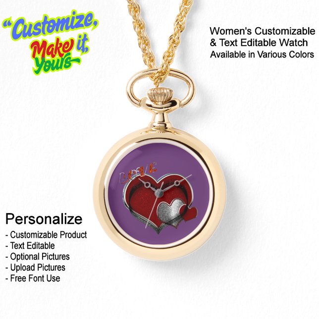 Coração, Dourado Colar Mágico, Olhar Roxo (Women's Heart Magic Gold Necklace Watch Featuring a Purple Face.)