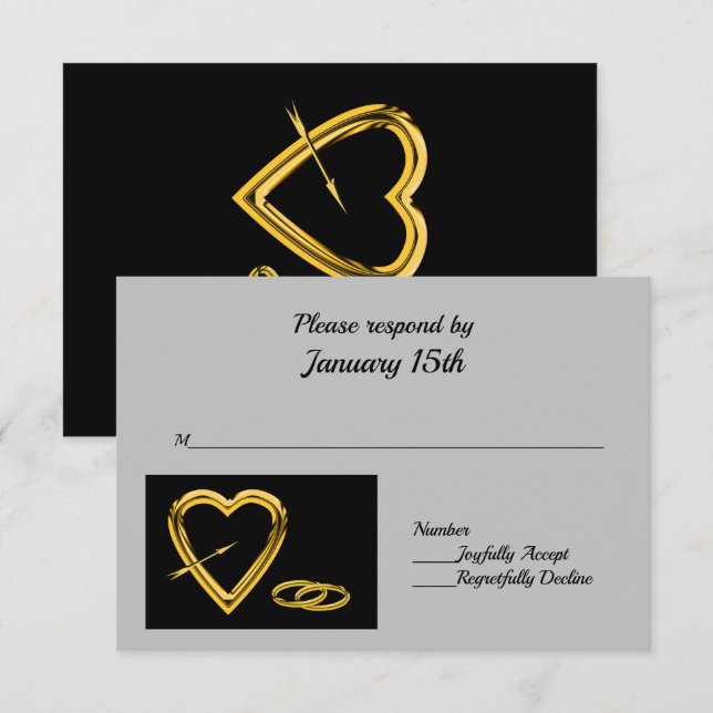 Coração e Anéis em Dourado na RSVP Moderna Negra (Frente/Verso)