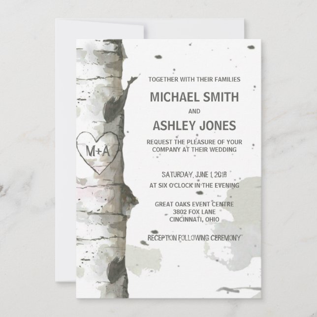 Coração em Árvore com Iniciais Convites de Casamen (Frente)