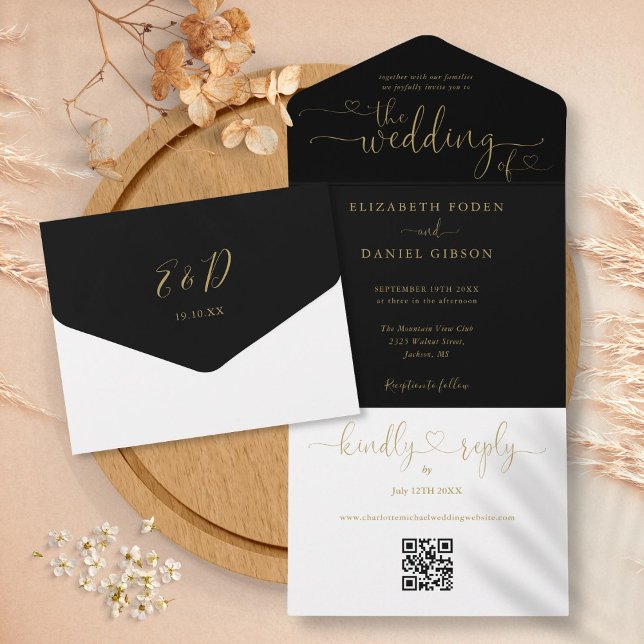 Coração em Rascunho Preto e Dourado Código QR Casa (Script Hearts Black And Gold QR Code Wedding All In One Invitation)