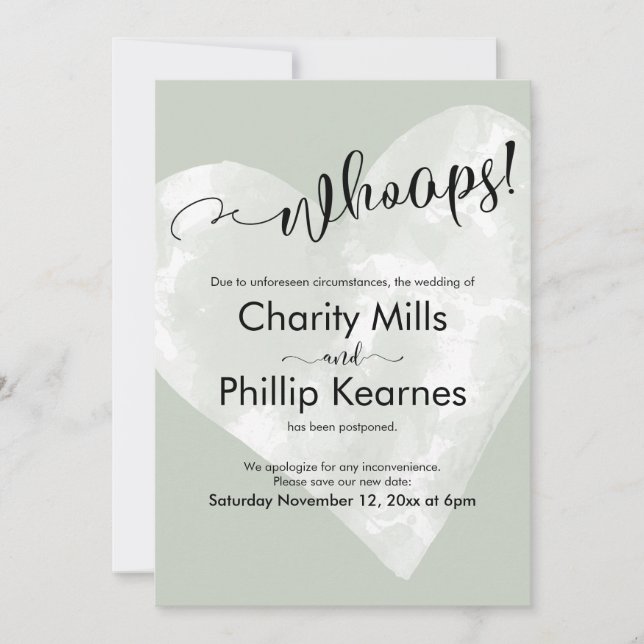 Coração em Sage Green Whoops! Cartão de Casamento  (Frente)