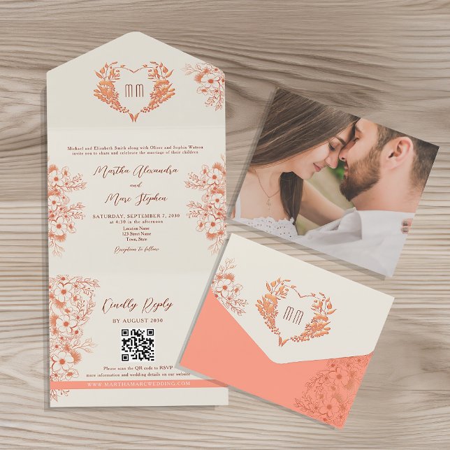 Coração Floral com Monograma de Noiva com Peaches  (Criador carregado)