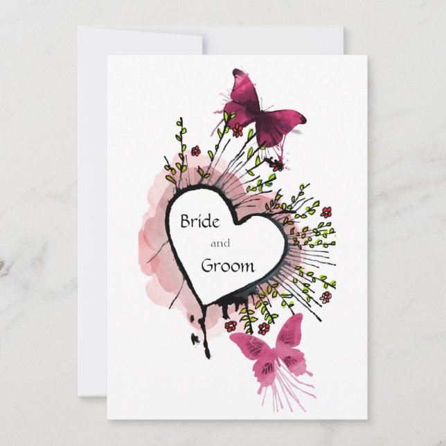 Coração, flores e borboletas Convite (Frente)