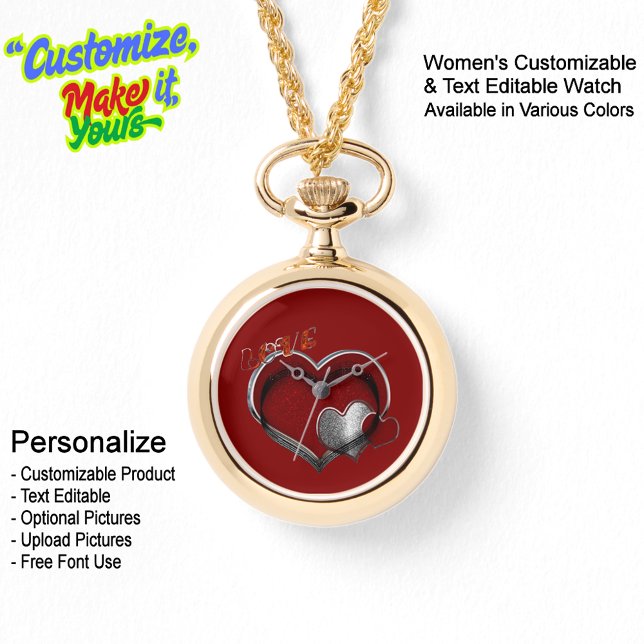 Coração Magia Dourada Colar Olhando Face Vermelha (Women's Heart Magic Gold Necklace Watch Featuring a Red Face.)