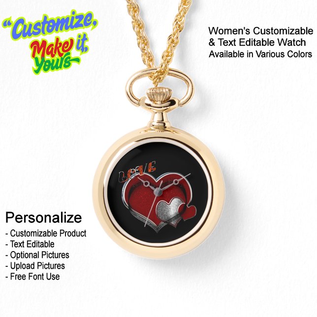Coração Magia Dourada Colar Olhando para a Face Pr (Women's Heart Magic Gold Necklace Watch Featuring a Black Face.)