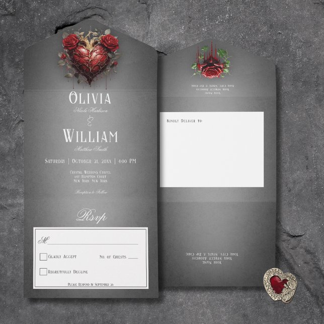 Coração preto gótico e Rosas vermelhas escuras sem (Gothic Black Dark Heart & Red Roses All In One Wedding Invitation without Dinner Options)