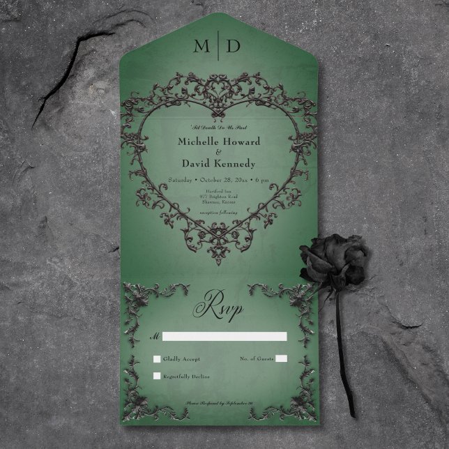 Coração Preto Gótico e Verde Filigre Sem Janto (Gothic Black & Green Filigree Heart No Dinner All In One Invitation)