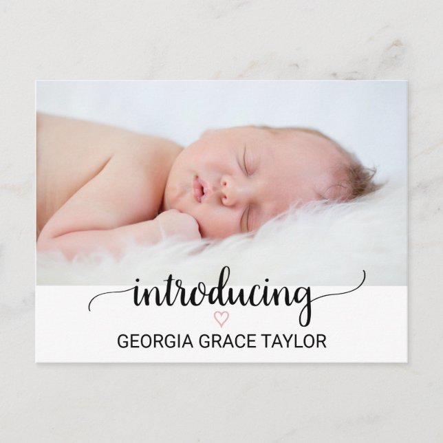 Coração Rosa | Anúncio de nascimento em caligrafia (Frente)