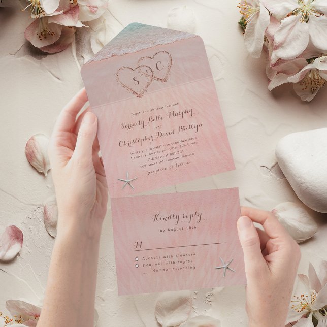 Corações cor-de-rosa no casamento da praia de dest (Simply Elegant Typography Modern Wedding Invitation)