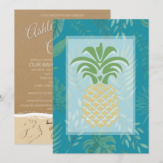 Corações de Abacaxi Tropicais Convites de Casament (Frente/Verso)