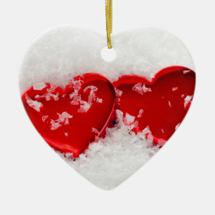 Corações de Amor na Neve Ornamento de Coração Dupl