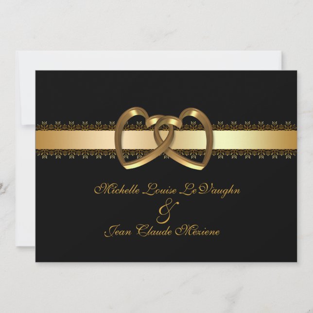 Corações de ouro de convite de casamento em preto (Frente)
