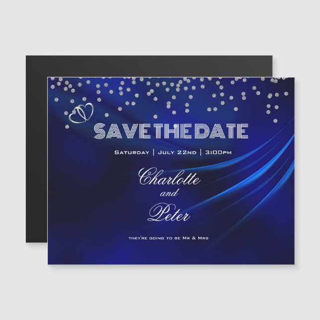 Corações de Ouros Azuis Reais Salvem a Data Magnét (Frente/Verso)