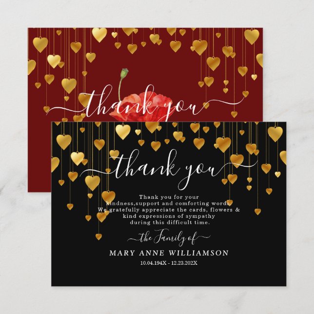 Corações Dourados Script Cartões de agradecimentos (Frente/Verso)