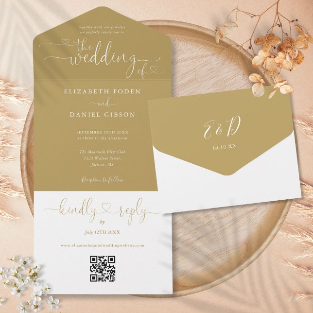 Corações em Script Elegante Código QR Casamento Do (Script Hearts Elegant Gold QR Code Wedding All In One Invitation)