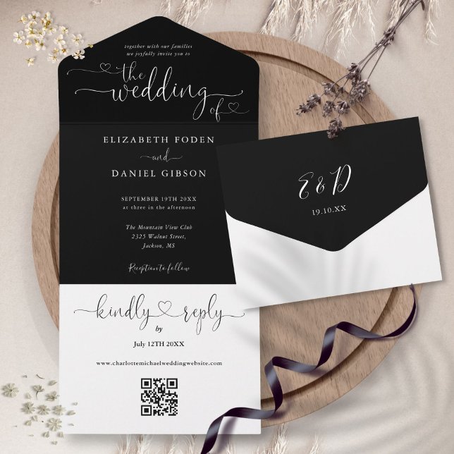 Corações em Script Preto e Branco Código QR Casame (Script Hearts Black And White QR Code Wedding All In One Invitation)