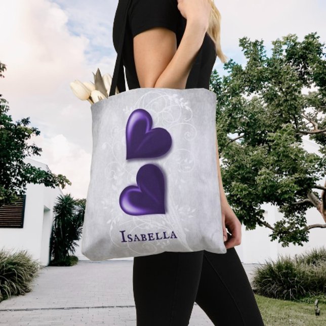 Corações Roxos - Saco de Tote Personalizado (Purple Hearts Personalized Tote Bag)
