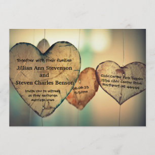 Corações Rústicos de Madeira - Convite de Casament