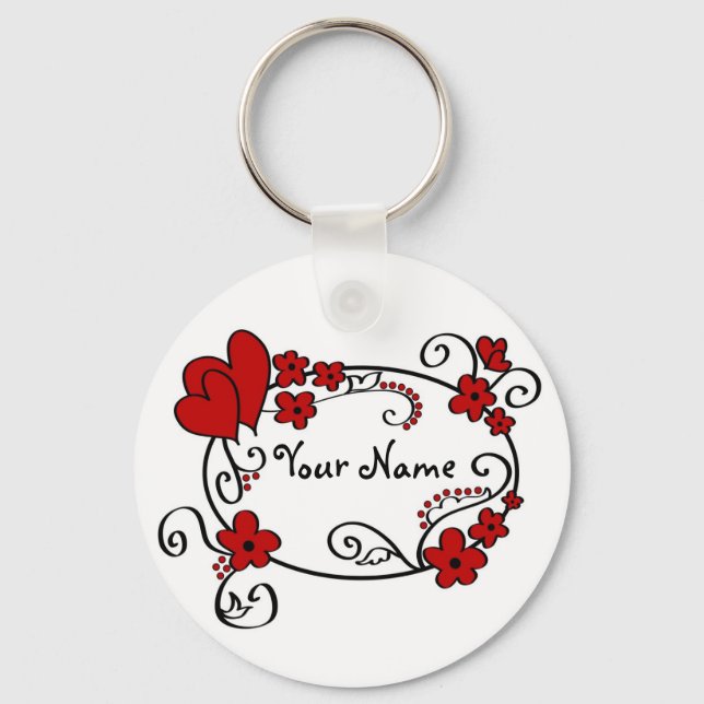 Corações vermelhos e flores - Chaveiro (Frente)