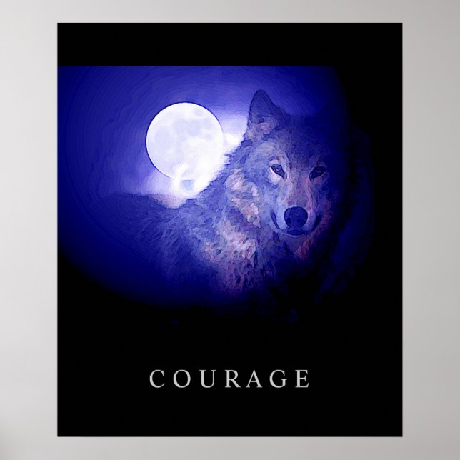 Coragem motivadora Wolf Blue Night Moon Poster (Frente)