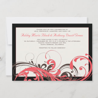 Coral, Brown, Convite para Casamento Floral Negro
