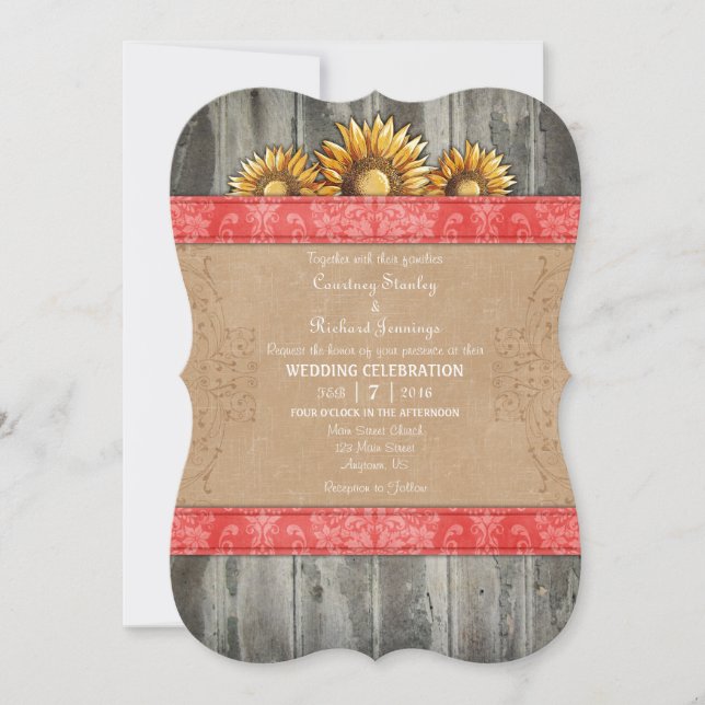 Coral Brown Rustic Sunflower Convite de casamento (Frente)
