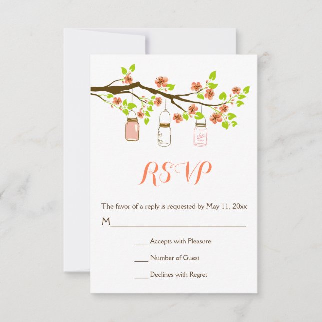 Coral cherry blossoms & mason jars casamento RSVP (Frente)