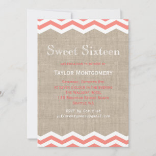 Coral Chevrons em Burlap Sweet Sixten Convite