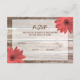 Coral Daisy Barn Wood Weding RSVP Resposta Cartão