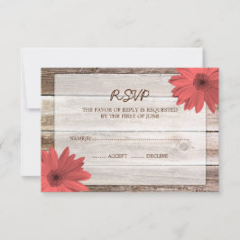 Coral Daisy Barn Wood Weding RSVP Resposta Cartão