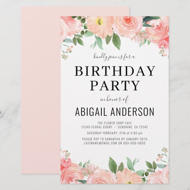 Coral Floral Girly Birthday Convite (Frente/Verso)