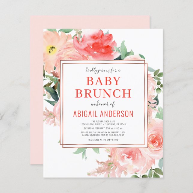 Coral Floral Peach Baby Brunch Convite (Frente/Verso)