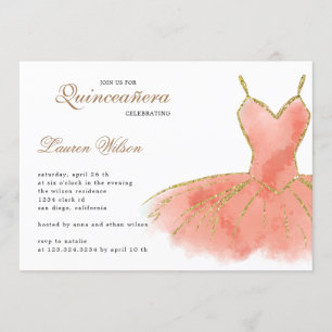 Coral Glitter Gown Quinceanera Convite