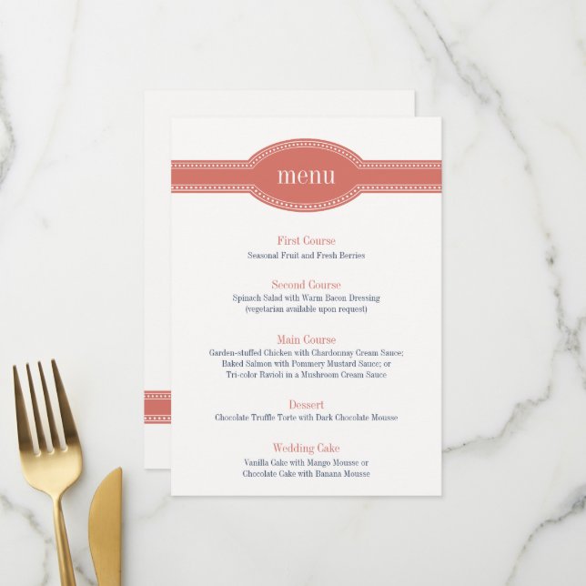Coral Menu Card, Caroline Wedding Collection (Frente/Verso In Situ)