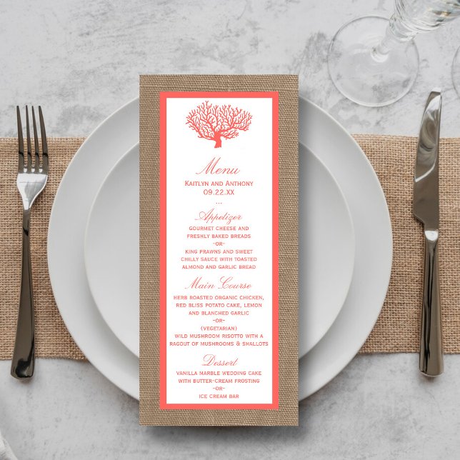 Coral No Burlap Boho Beach Weding Menu (Criador carregado)
