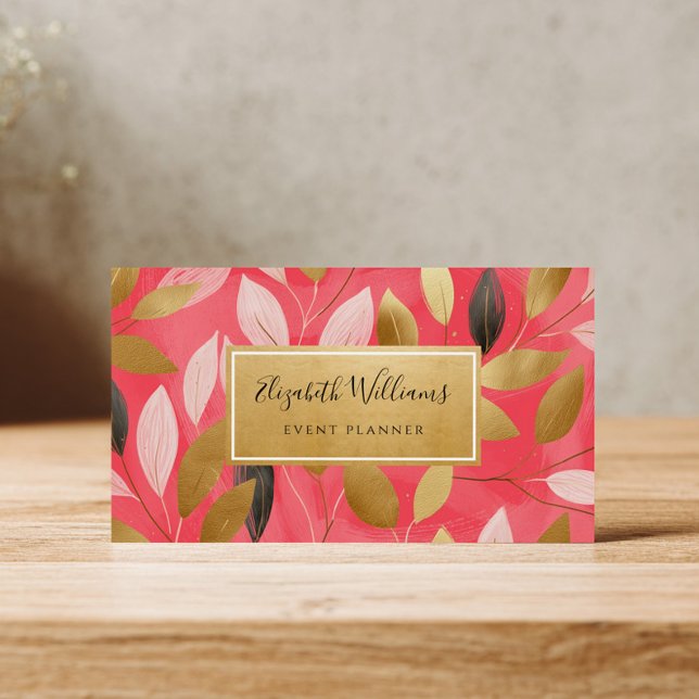 Coral Pink Gold Leaves Botanical Business Cards (Criador carregado)