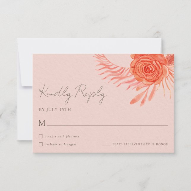 Coral Pink Orange Blush Floral Wedding RSVP Card (Frente)