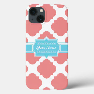 Coral Quatrefoil Aqua Nome Personalizado   N1