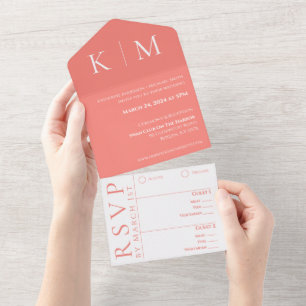 Coral rosa e Monograma Branco-Moderno-Casamento-