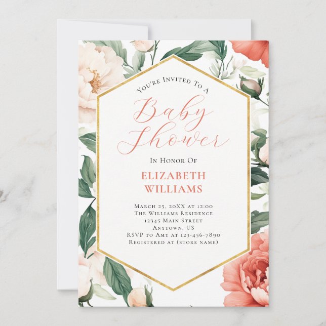 Coral Salmon Ivory Peonies Chá de fraldas Convite (Frente)
