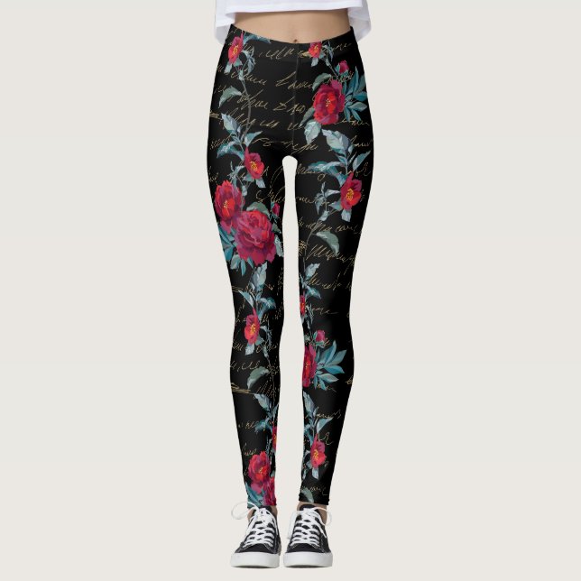Corante de Peony Black Floral Patterno - Leggings (Frente)