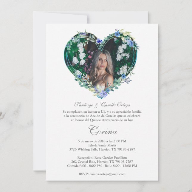 Corazón Floral en Azul con Foto de Quinceañera (Frente)