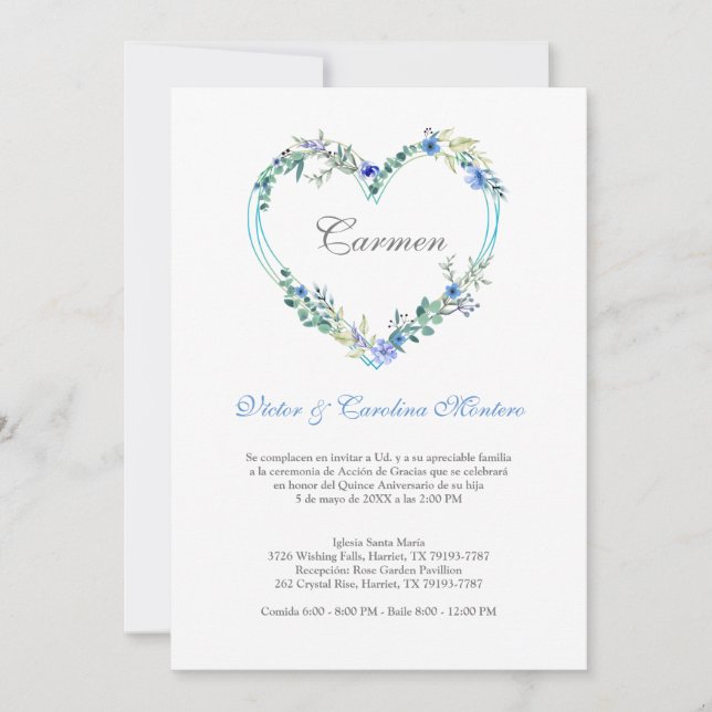 Corazón Floral en Azules para Quinceañera (Frente)