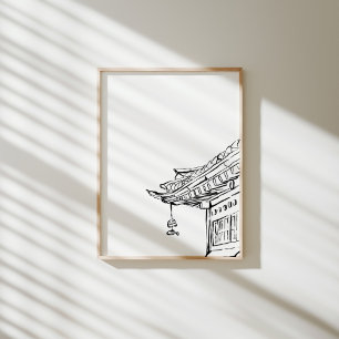 Coreano Hanok Roof com Poster de Tinta de Vento