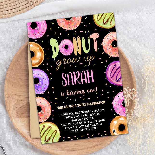 Cores claras Rosquinha preta Convites de aniversár (Light Colors Black Donut Birthday Invitations)