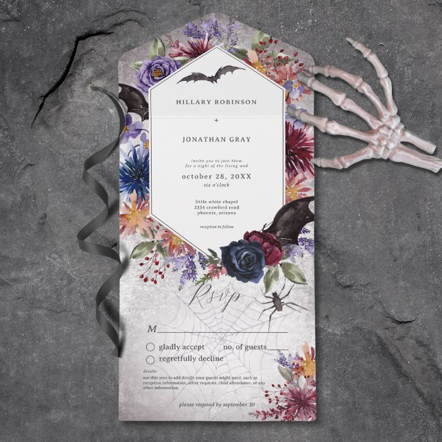 Cores Rústicas Góticas Casamento de Halloween Sem  (Rustic Gothic Colorful Halloween Wedding No Dinner All In One Invitation)