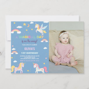 Cores Unicórnios Convites de Aniversário com Foto