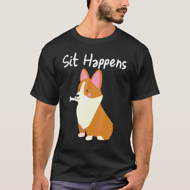 Corgi Cachorro Bonito Osso Camiseta Sentar Acontec (Frente)