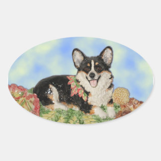 Corgi de três cores em adesivos de folhagem de que